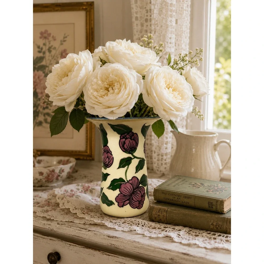 Vintage Hand-Painted Floral Vase Cream Pink Purple Glaze 7.5